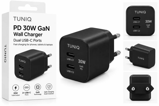 TUNIQ PD 30W GaN Síťová nabíječka — Dva porty — barva: černá